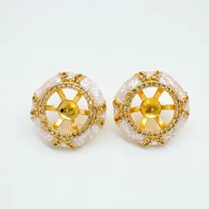 Gold DIY jewelry blank mountings with white enamel and rhinestone rim for pearl setting.