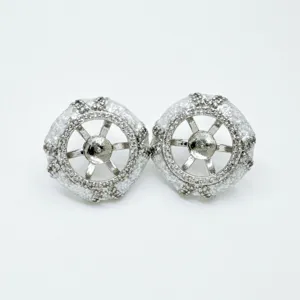 DIY pearl earring blank setting, exquisite gear shaped metal component with sparkling stones.