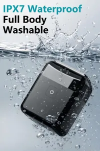 Waterproof mini electric shaver detail showing IPX7 washable design in water splash.