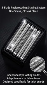 Closeup view of the 5-blade reciprocating electric shaver head and shaving foil net.