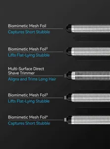 Detailed view of the 5-blade electric shaver replacement foil and trimmer head parts.