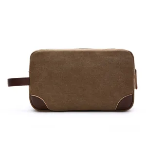 Unisex casual canvas cosmetic bag portable toiletry travel pouch with leather corner brown