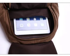 Brown canvas casual backpack detail view showing internal storage capacity for tablets and items.