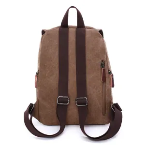 Brown canvas backpack for daily casual travel, durable school bookbag with adjustable straps.