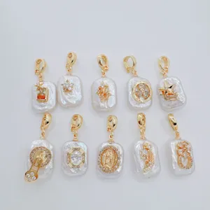 Light Luxury Copper Gold Plated Baroque Freshwater Pearl Pendant Universal Clasp Rhinestone Clover Heart Star Jewelry Charm