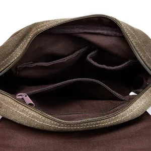 Canvas messenger bag interior view showing multi-pocket compartments and durable fabric design