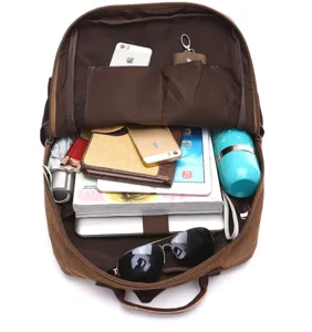 Brown canvas backpack large capacity travel computer bag multi-compartment student book bag