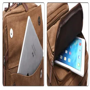 Vintage canvas backpack for men, multi-pocket design, large capacity travel school bag.