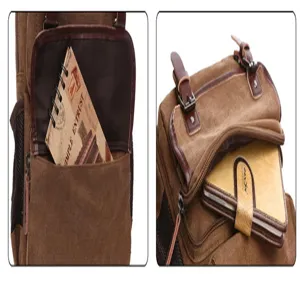 Canvas backpack detail showing spacious interior pockets, durable zippers and storage space.