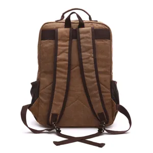Men brown canvas backpack for outdoor travel, casual daily laptop school bag and bookbag.