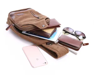 Detailed view of stylish canvas chest bag with multiple compartments and daily accessories.