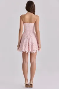 Pink strapless lace mini dress back view, elegant summer slim fit party cocktail dress.