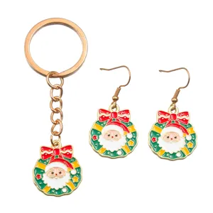 Christmas Santa Wreath Keychain Earrings Set KC Gold Enamel Alloy Jewelry Accessories Detail