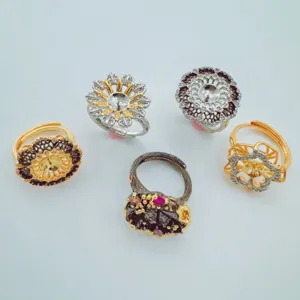 Exquisite 18K gold plated silver open ring settings blank mountings with cubic zirconia floral