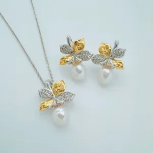 Elegantes Perlen Blatt Anhänger Halskette und passende Ohrringe Schmuckset mit Zirkon Steinen.