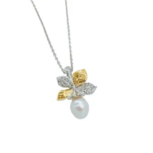Elegante Perlen Blätter Anhänger Halskette, kupfervergoldet mit 18k Gold, modischer Schmuck.