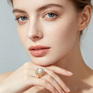 Elegant 18k gold plated pearl ring with shimmering zircon, luxury fashion jewelry accessory.