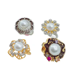 Freshwater pearl 18k gold plated zircon floral rings set, elegant niche jewelry main image
