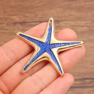 Ciondolo charm stella marina in lega blu e oro, accessorio fai da te 50x53mm per gioielli.