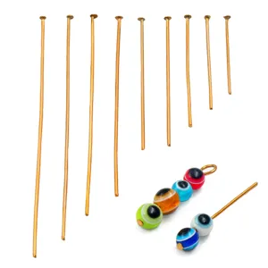 Gold tone metal T-pins jewelry making findings assorted lengths with colorful evil eye beads