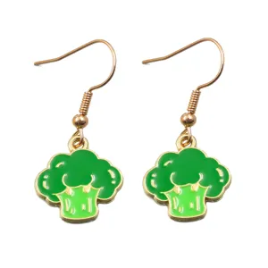 Broccoli drop earrings, KC gold alloy with green enamel vegetable charm fine details.