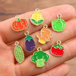 Vegetable alloy enamel charms detail view featuring cute vegetable pendants for DIY making.