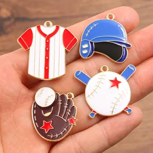 Close-up of baseball themed alloy enamel charms, sport style DIY jewelry making pendants.