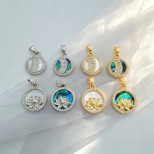 18K Gold Plated Copper Round Lotus Shell Pendant Only For DIY Necklace Rhinestone Geometric Charm Jewelry Findings