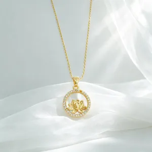 Gold Plated Lotus Pendant Necklace Mother of Pearl Zirconia Round Jewelry Accessory Detail View