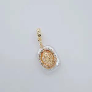 Baroque freshwater pearl pendant with gold plated virgin mary design and universal bail for diy.