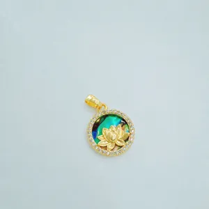 Close-up detail of the round lotus pendant with colorful shell and sparkling zircon stones.