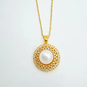 Exquisite 18k gold plated pearl necklace pendant featuring sparkling crystal halo detail.