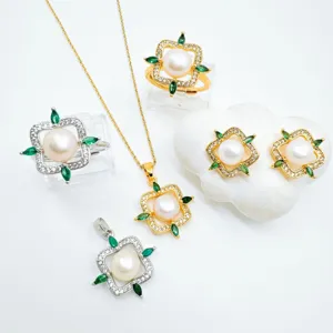 Luxus Vintage Süßwasserperle Schmuckset Grün Strass Eingelegt Gold Silber Vergoldet Anhänger Ohrringe Ring Für Damen