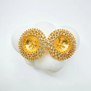 18k gold plated diy jewelry findings round pendant blank settings with sparkling cubic zirconia