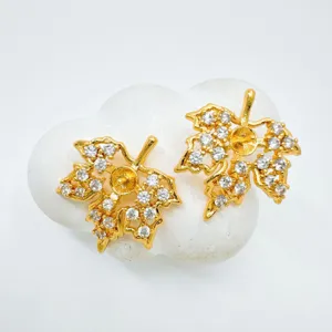 Gold plated cubic zirconia leaf shape jewelry earring findings component for DIY pearl setting