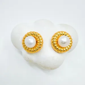 Vintage gold plated round pearl stud earrings for women, elegant fashion jewelry accessories.