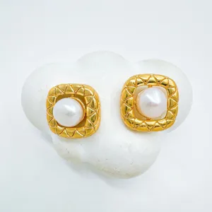 Gold-plated square quilted pearl earrings, elegant designer style stud earrings for women.