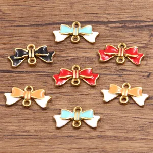 Colorful enamel bow charms connectors details, gold tone metal DIY jewelry making accessories.