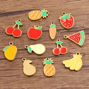 Stainless steel enamel fruit charms set, cute cherry strawberry pendants for DIY jewelry making.