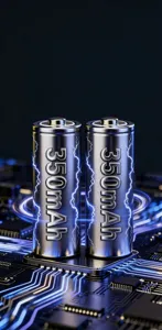 Rechargeable battery cell close-up, 350mAh capacity, metallic casing, tech style.