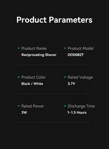 Detailed product specification parameter chart showing model, voltage, power and battery life specs.