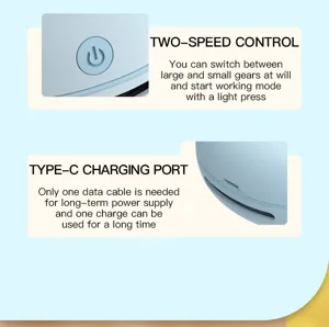 Mini desktop vacuum cleaner detail view showing two speed control and type c charging port.