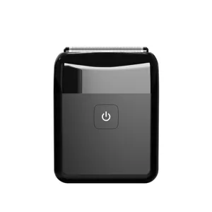 Portable mini electric shaver for men, compact black rechargeable beard trimmer device.