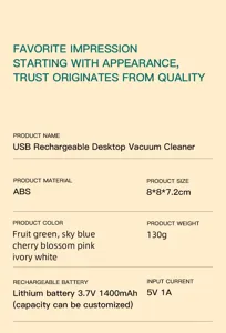 Desktop vacuum cleaner product specification detail sheet showing dimensions and battery features.