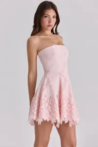 Pink strapless lace mini dress, sexy slim fit hollow floral short dress for summer.