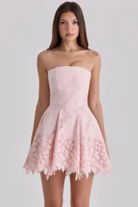 Pink strapless lace mini dress detail, featuring a slim fit and chic hollow-out design for summer.
