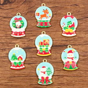Christmas alloy enamel charms, cute DIY snowglobe pendants for festive jewelry making design.