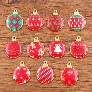 Detailed view of Christmas alloy enamel charms, featuring assorted holiday round pendant designs.