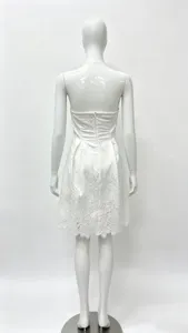 White strapless lace mini dress back view, elegant slim hollow-out design details.