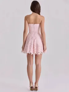 Pink strapless lace mini dress summer sexy slim fit hollow out sleeveless dress for women